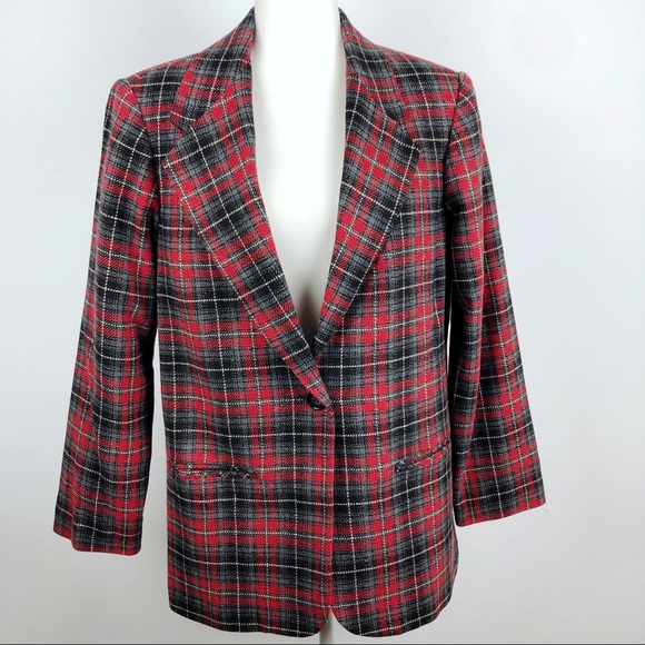 VTG Plaid Womens Wool Blazer Jacket One Button 10 - Picture 1 of 16